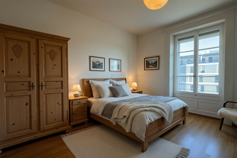 Helles Schlafzimmer mit Holzmöbeln und großem Fenster
