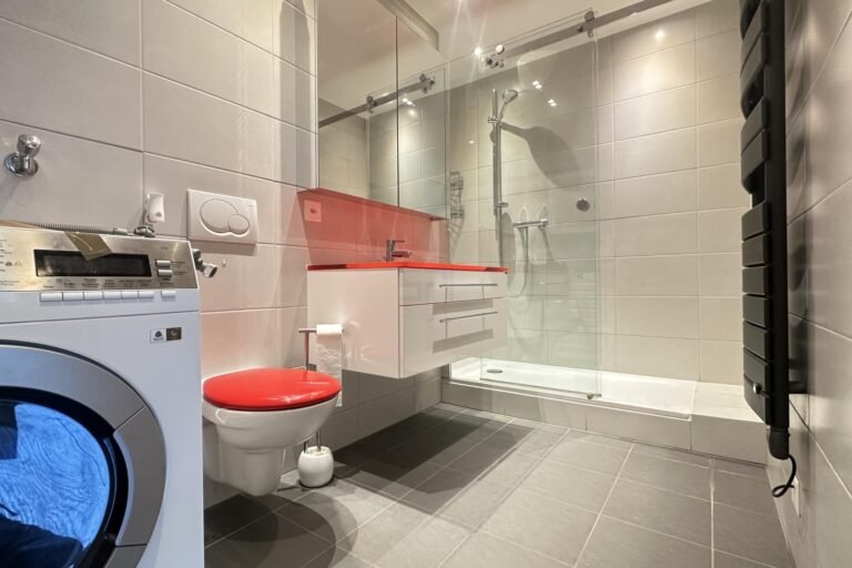 Modernes Bad mit Dusche und roter Akzentfarbe