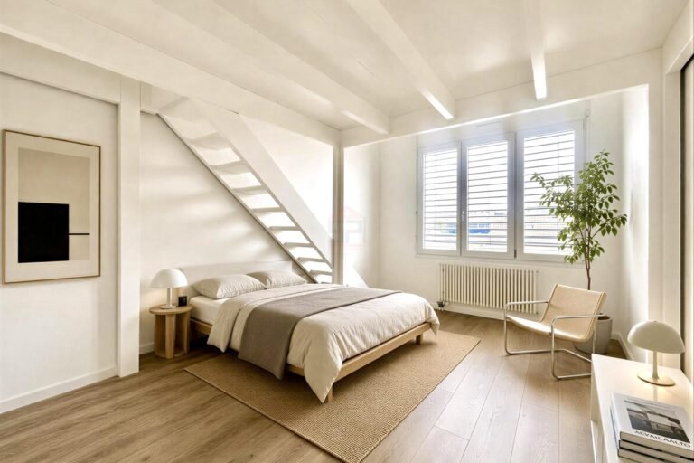 Helles Schlafzimmer mit Dachschräge und Treppe